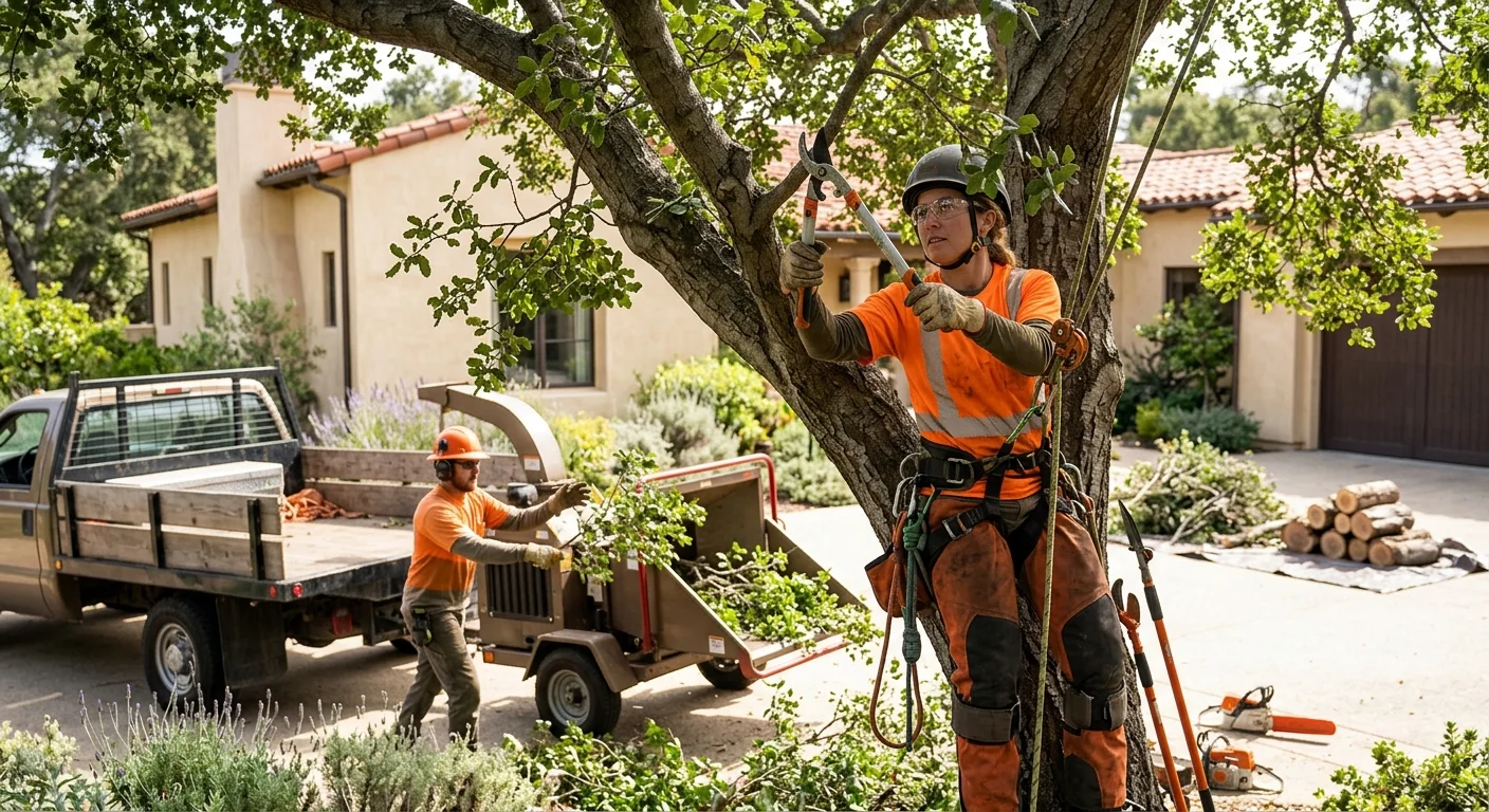 Crew clearing dense hillside brush near a Montecito home during a fuel reduction job