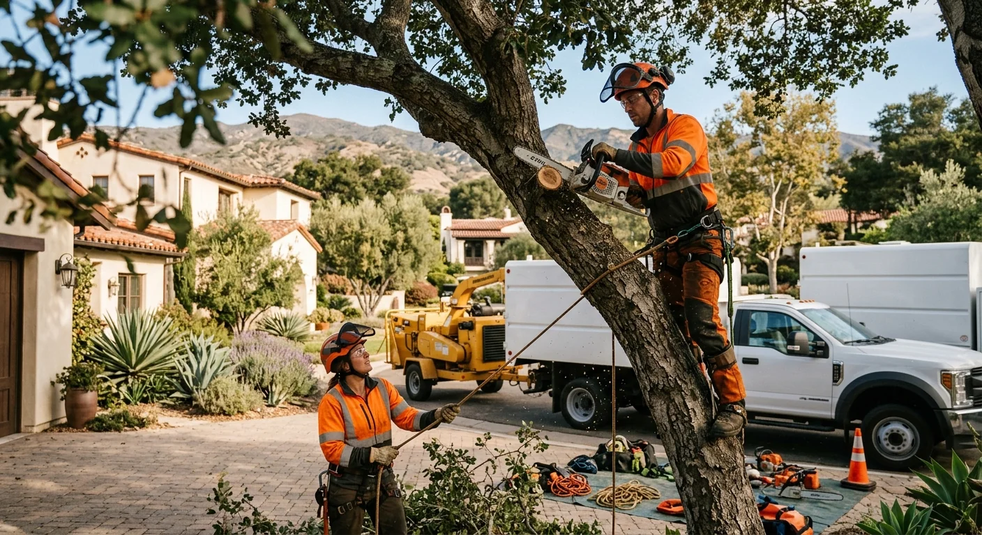 Crew clearing dense brush along a hillside property in Montecito