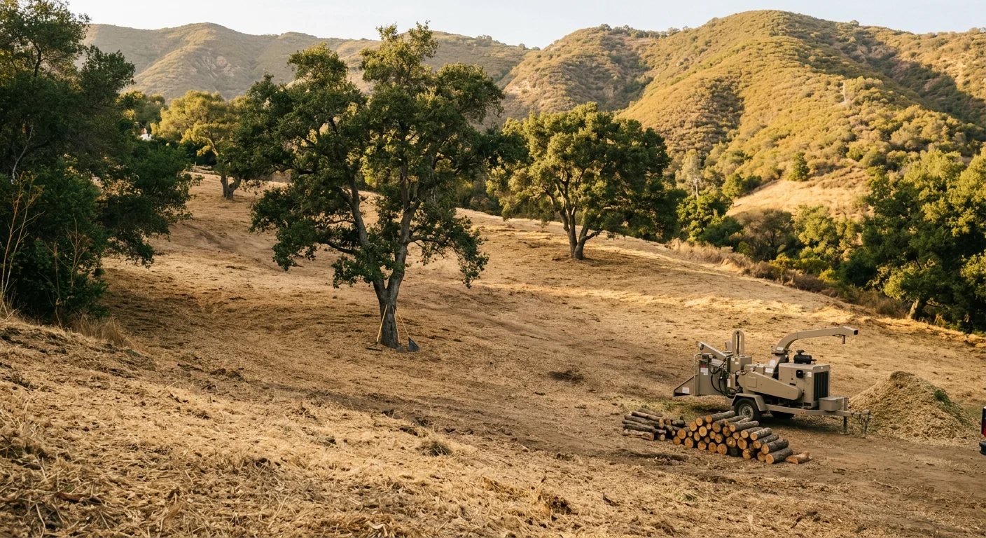 Wide view of a cleared hillside lot after heavy brush removal in Montecito