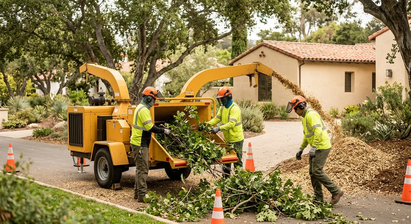 Chipper processing cut brush during a fuel reduction job on a residential property