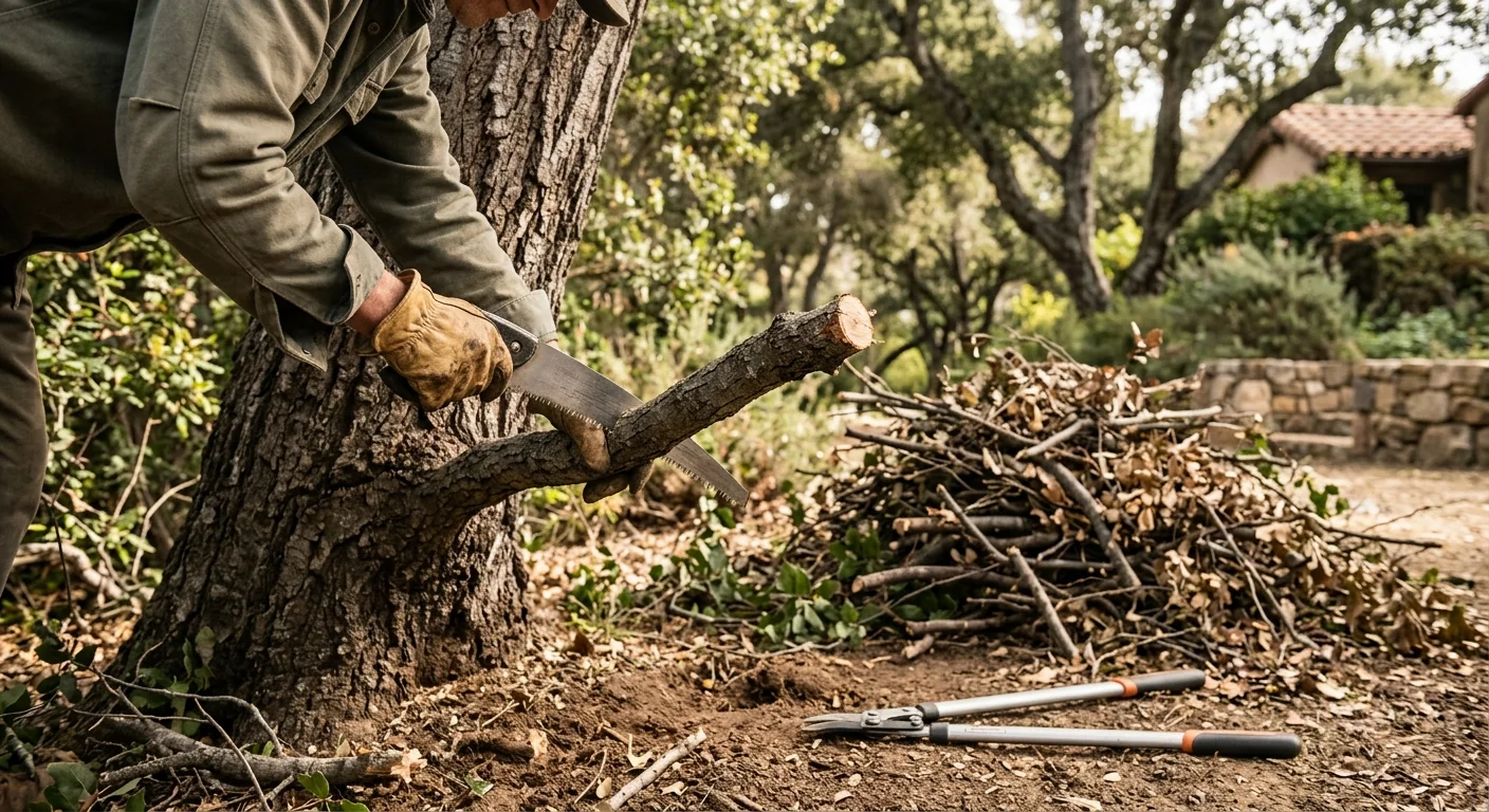 Close-up of hand crew cutting ladder fuels near the base of trees