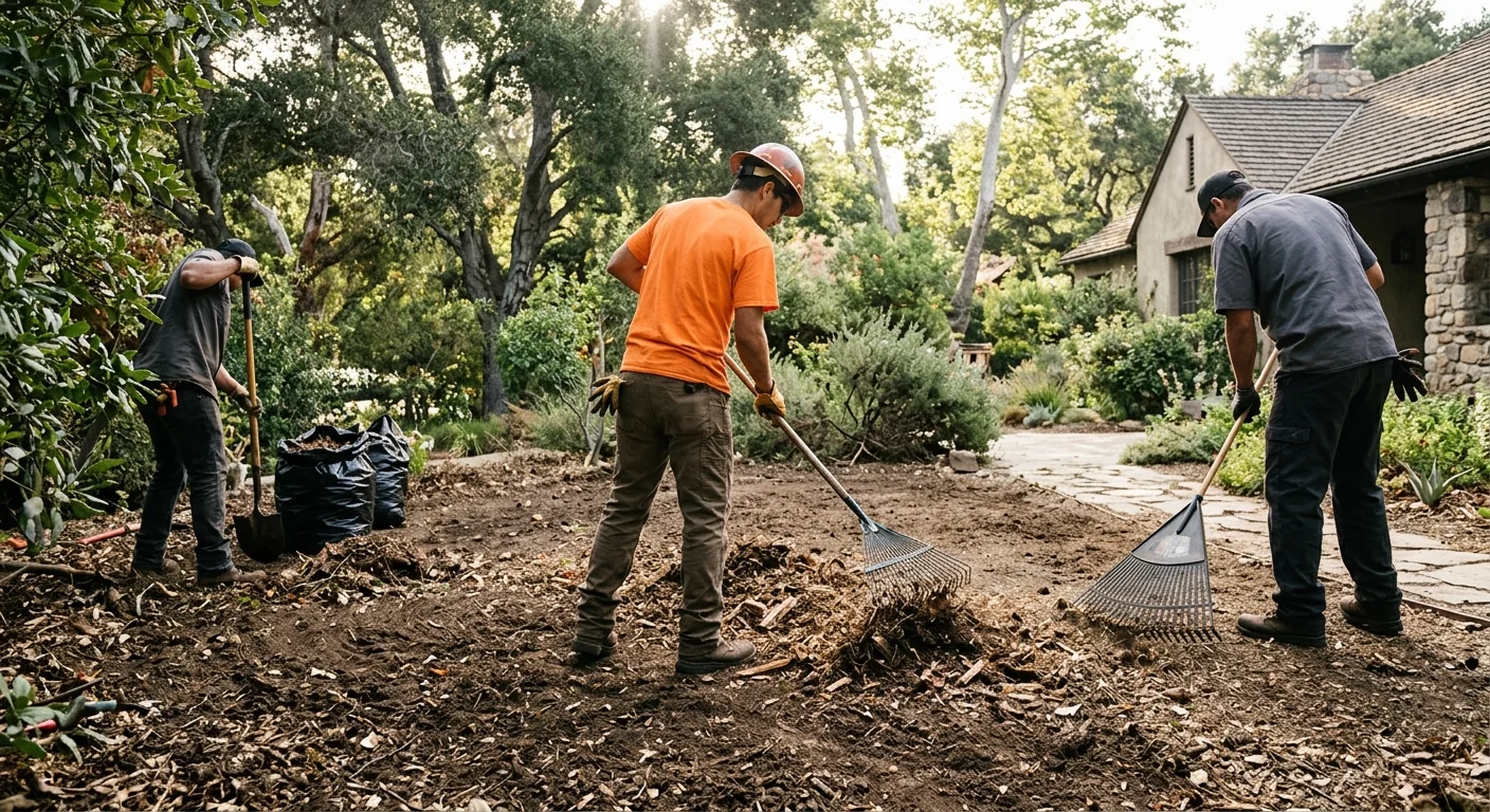Crew raking and sweeping cleared ground at the end of a brush job