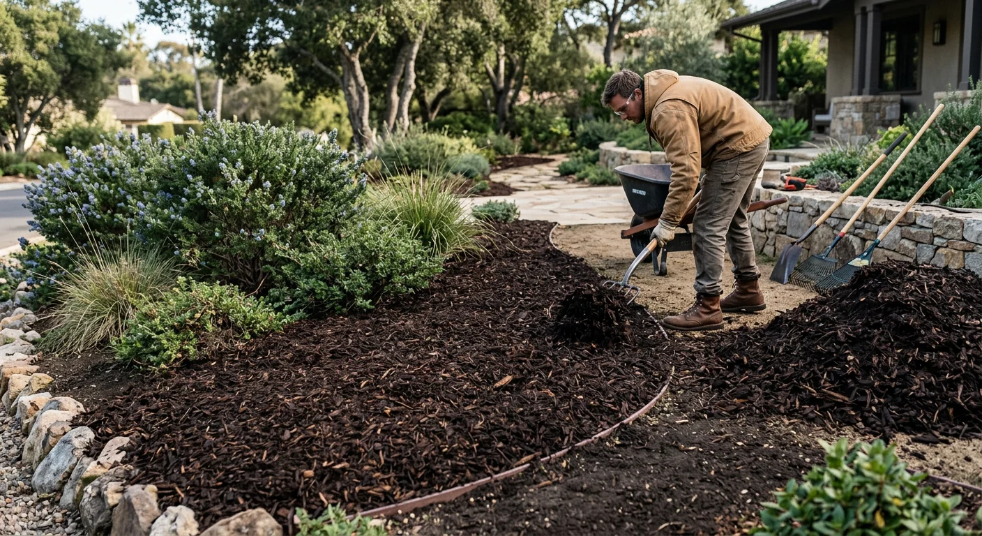 Wood chips spread as mulch over a cleared area for moisture retention