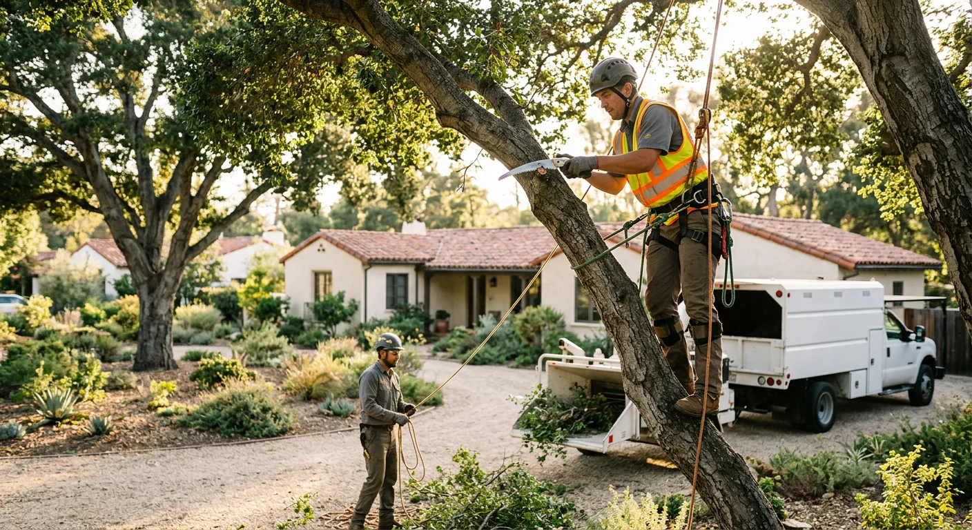 Crane lifting a large tree section above a hillside home in Montecito