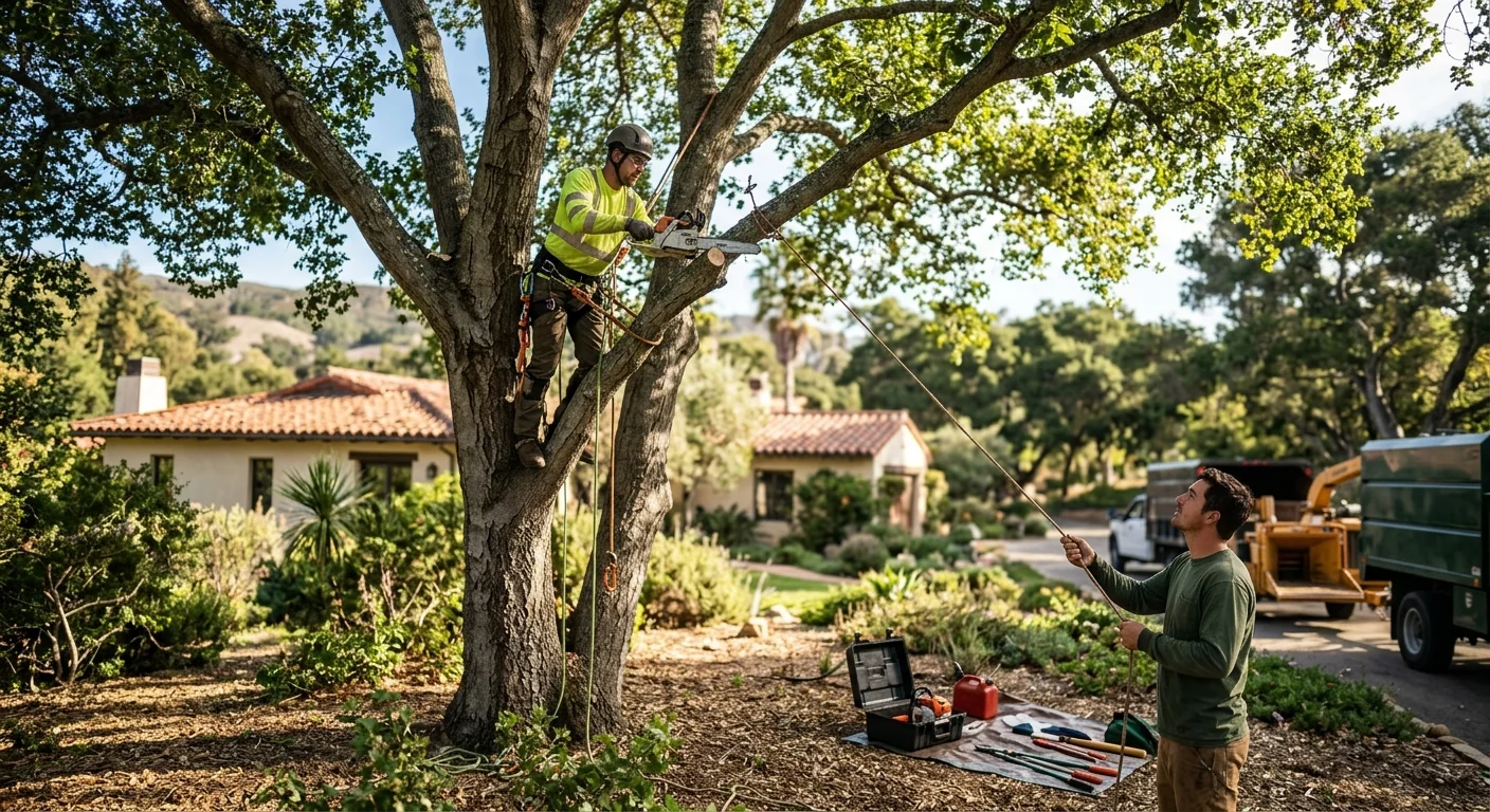 Crane lifting a large removed tree over a Montecito hillside property