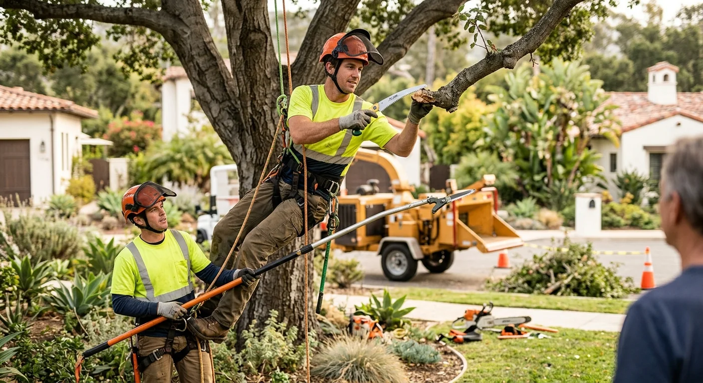 Crane lifting a large removed tree section above a Montecito property