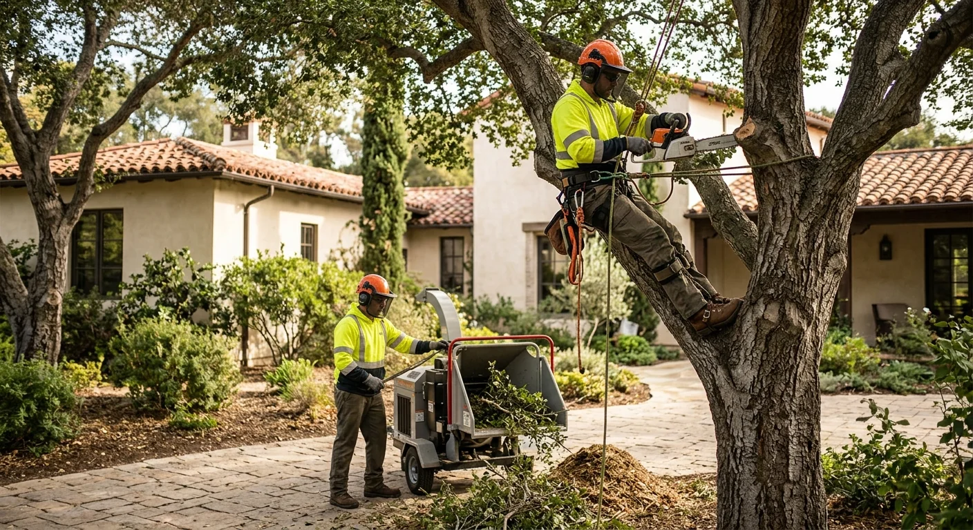 Mobile crane lifting a large tree section over a Montecito home