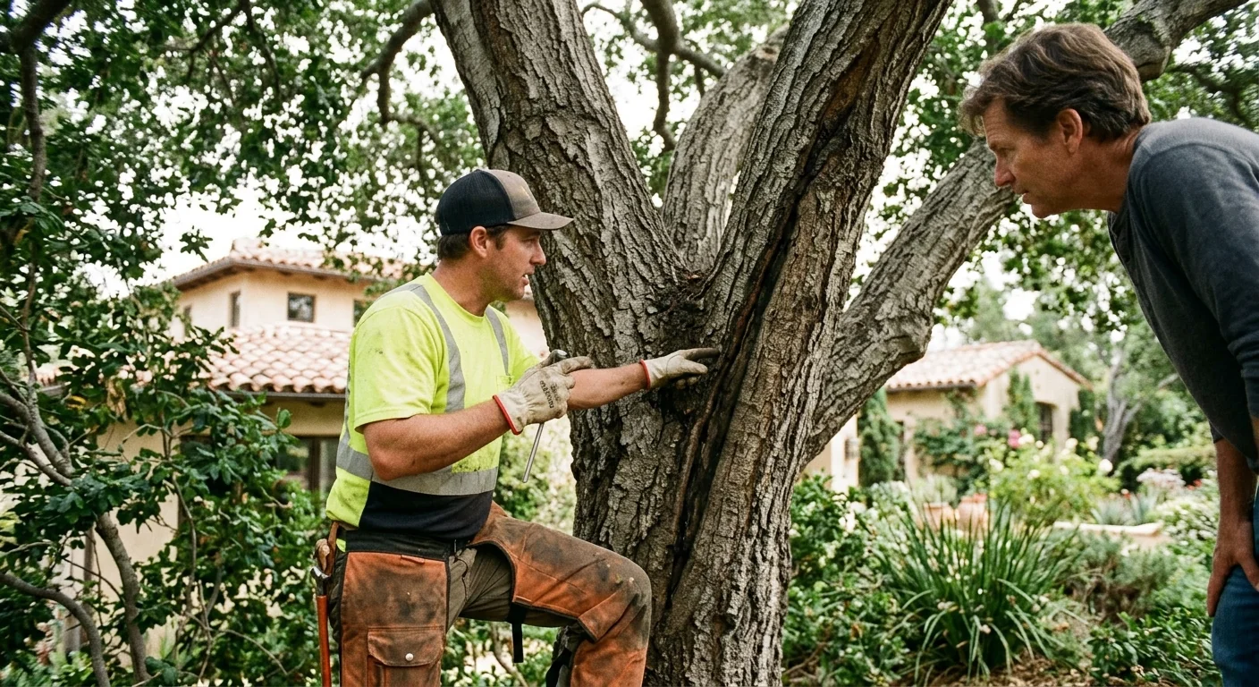 Arborist inspecting canopy dieback on a mature oak in Montecito