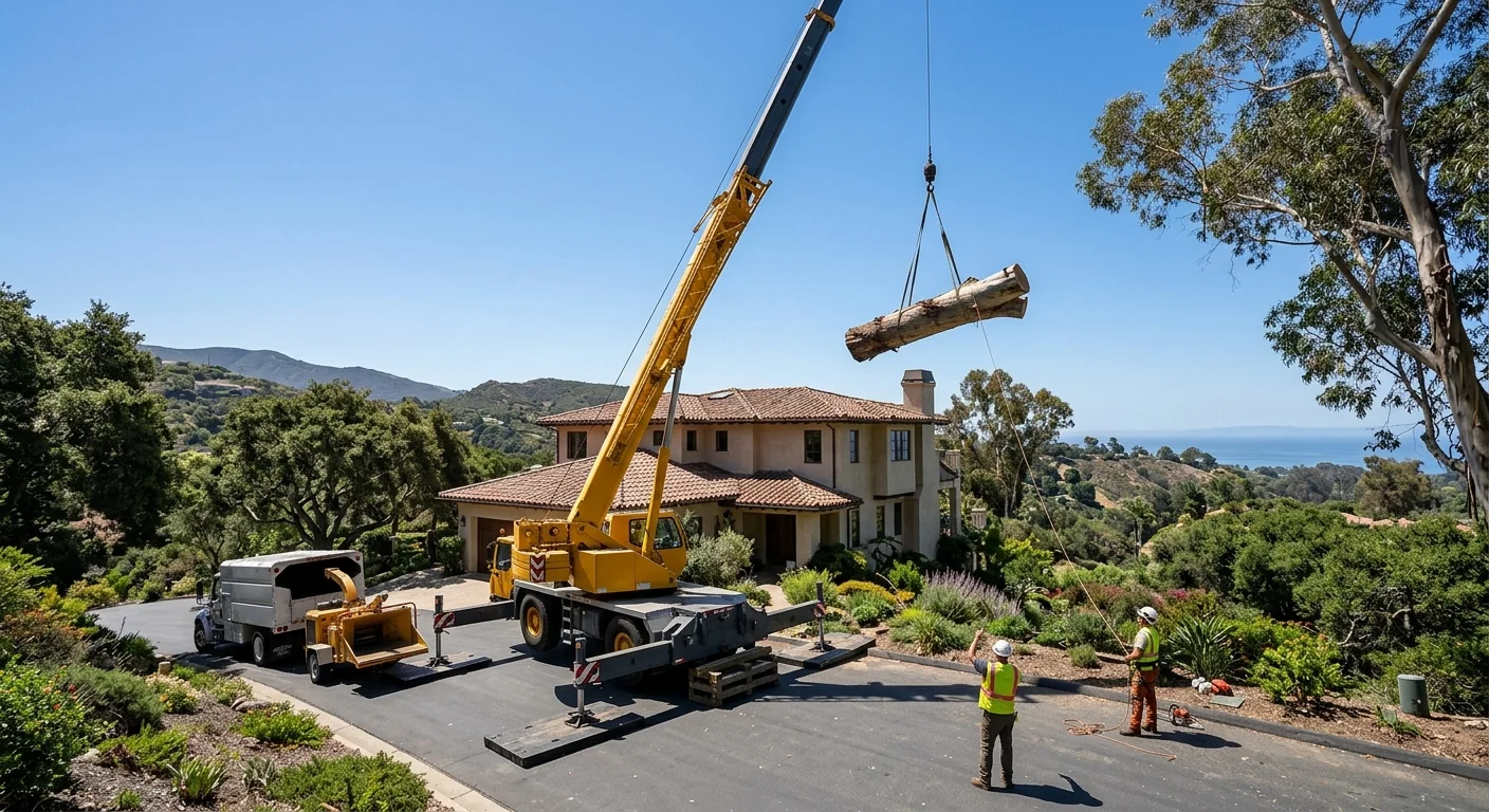Crane lifting a large eucalyptus section over a hillside home in Montecito
