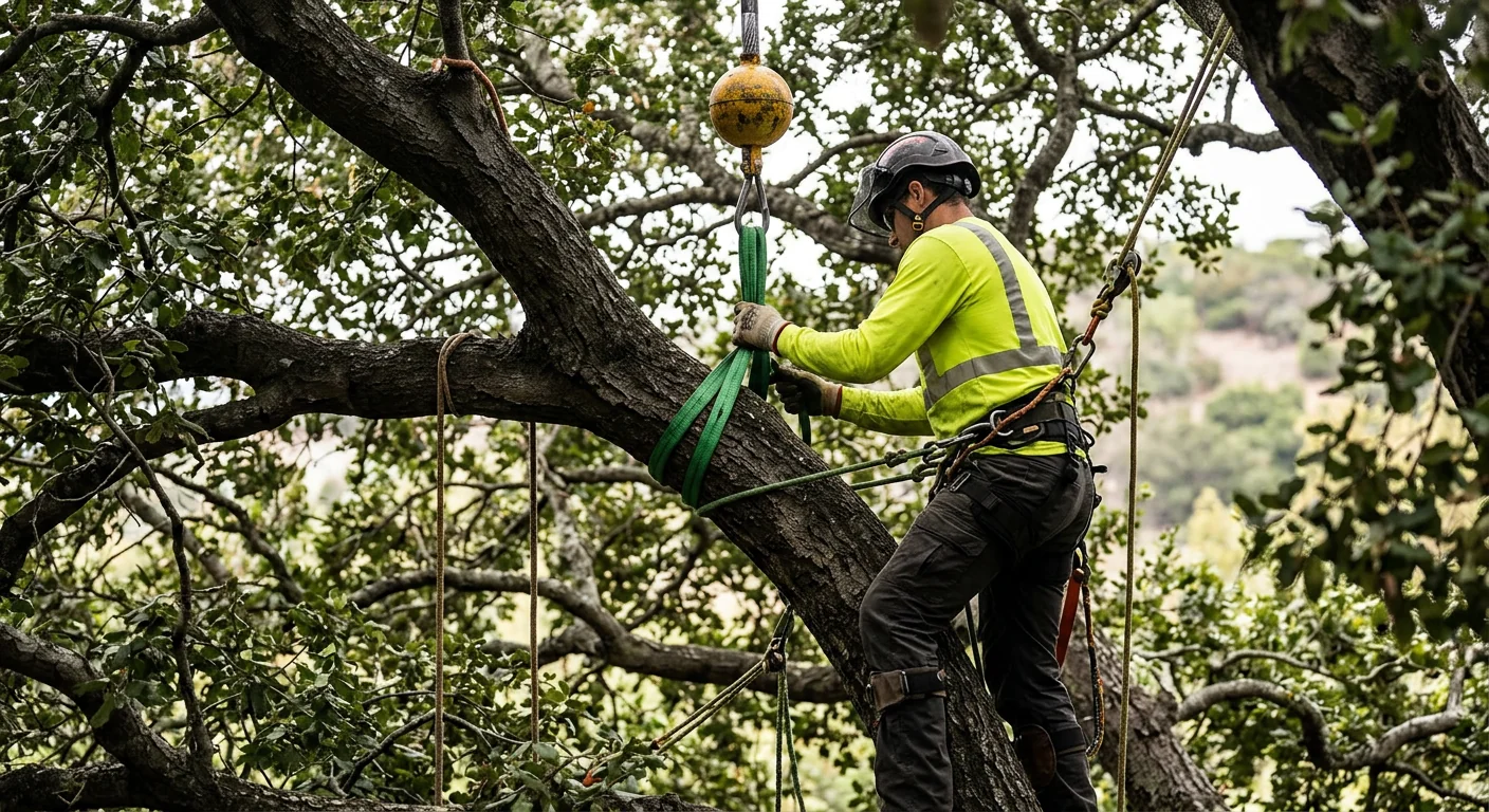 Climber setting rigging on an oak limb before a controlled crane pick