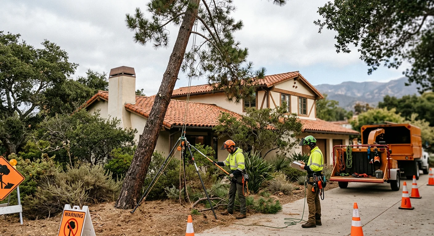 Declining pine near a rooftop before crane removal on a Montecito lot