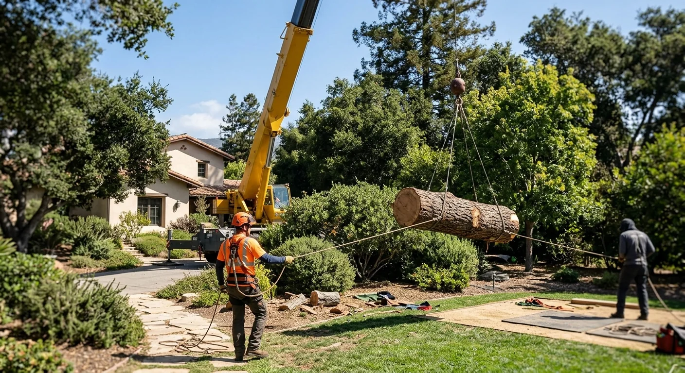 Crane boom swinging a bucked log section over a landscaped backyard