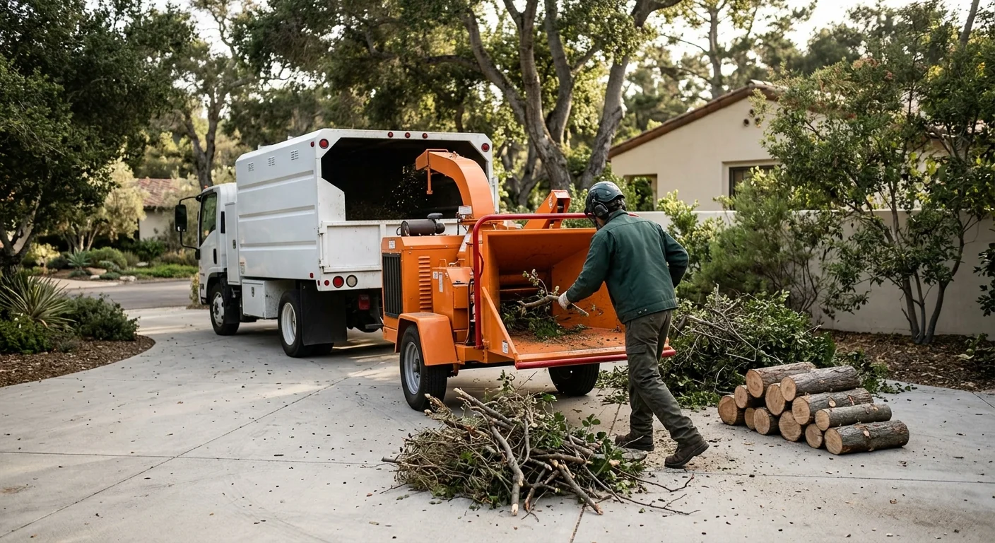 Ground crew chipping brush and processing logs after a crane removal
