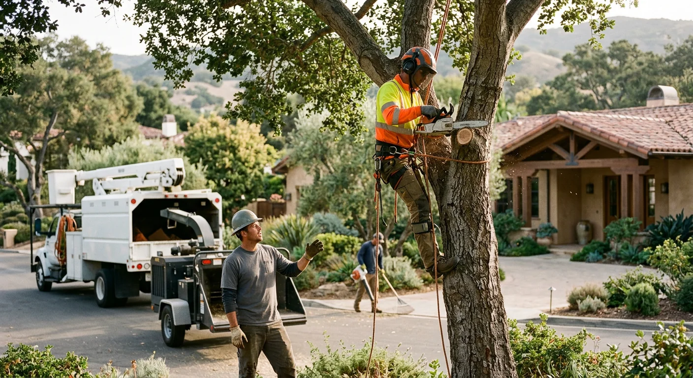 Arborist assessing a storm-damaged oak before emergency removal at a Montecito hillside property
