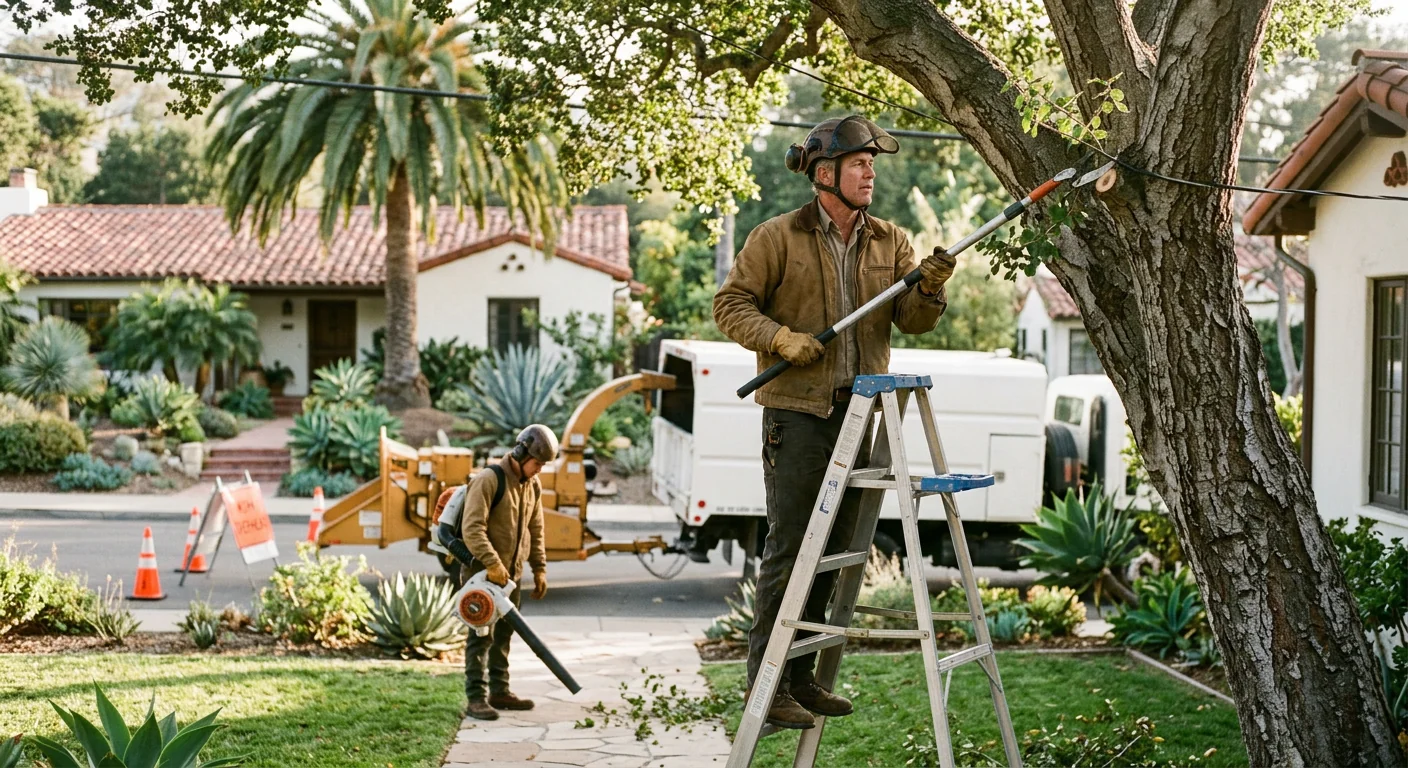 Local crew clearing storm-damaged tree limbs from a Montecito residential property