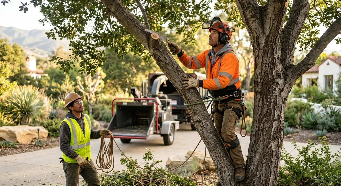 Arborist assessing a storm-damaged tree leaning near a Montecito home at dusk