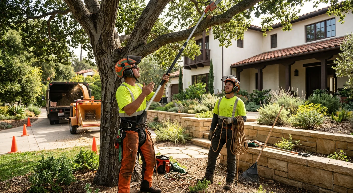 Tree crew clearing a storm-damaged limb from a Montecito property driveway