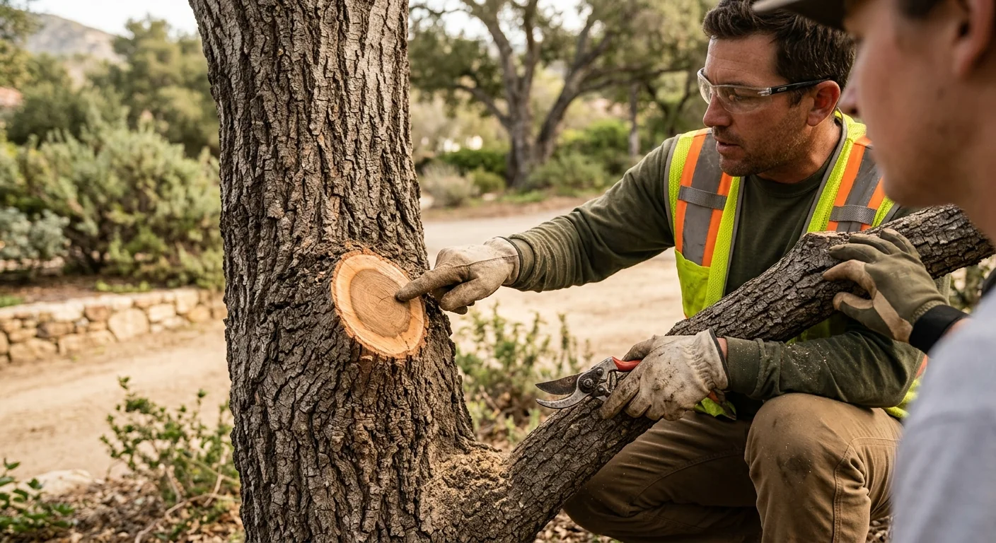 Arborist inspecting a cracked trunk on a hillside Montecito property
