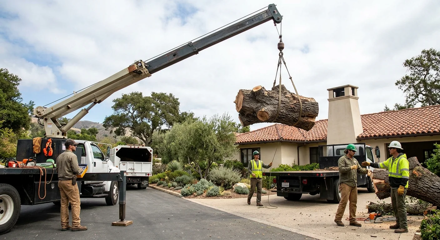 Crane lifting a large storm-fallen oak section clear of a Montecito rooftop