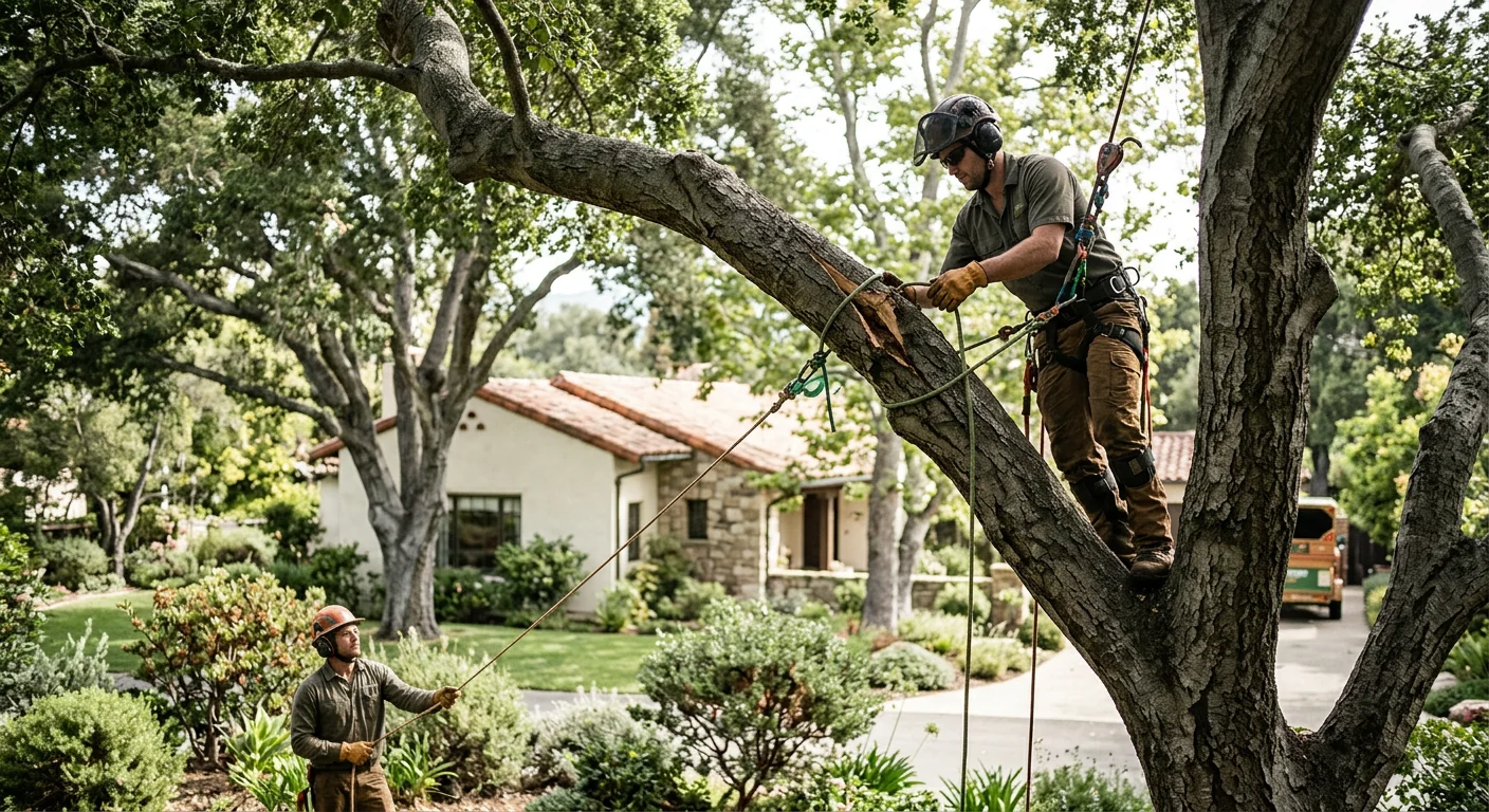 Arborist using lowering lines to rig a split limb over a residential yard