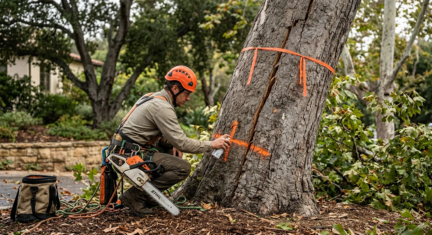 Close-up of a cracked trunk marked for controlled emergency removal after coastal winds