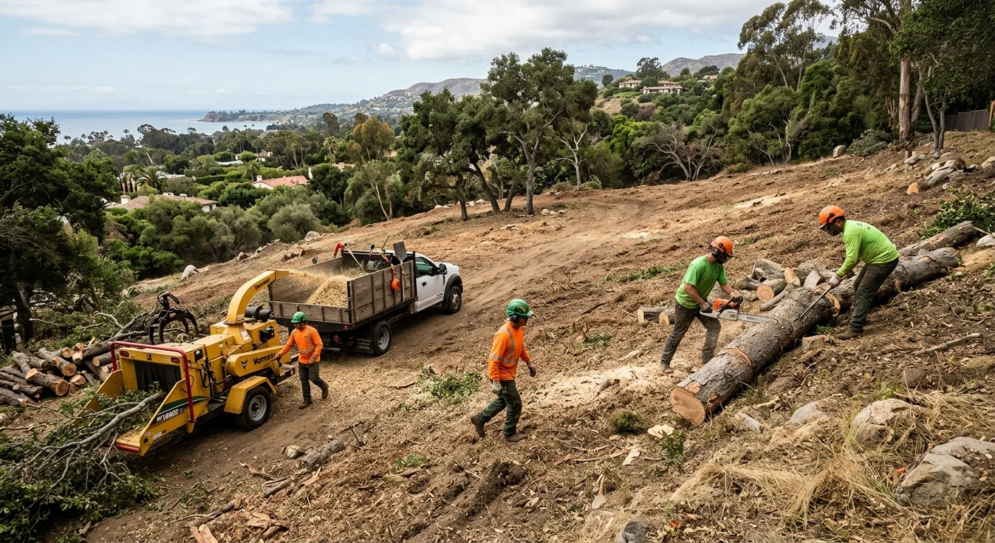Wide shot of a cleared Montecito hillside lot after hazardous tree removal