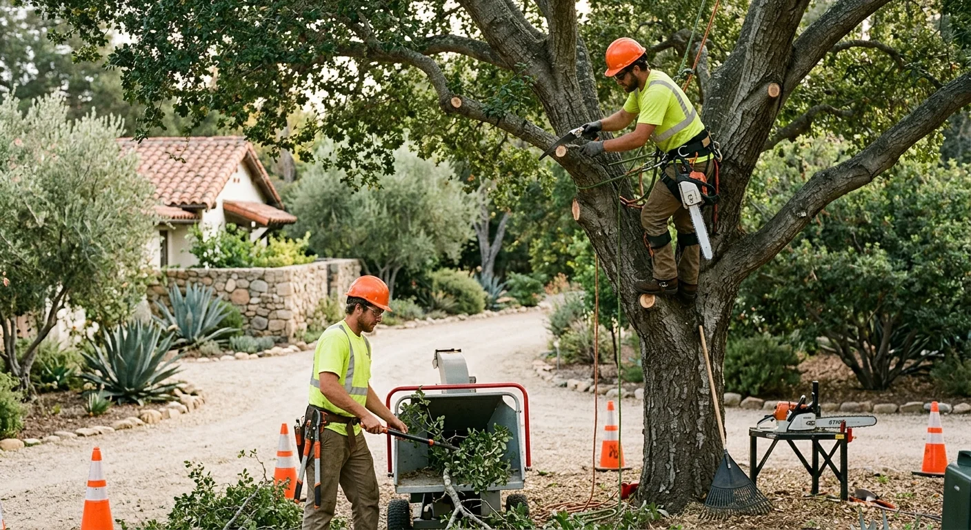 Arborist reviewing a leaning hazardous tree beside a Montecito home before removal