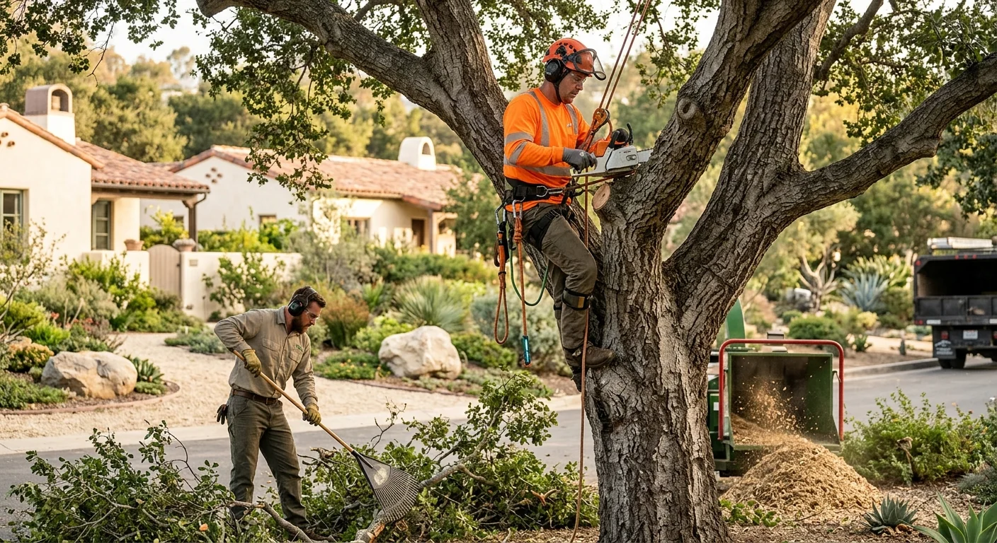 Arborist inspecting a leaning hazardous tree beside a Montecito home before removal