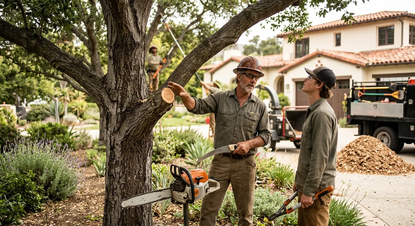 Arborist assessing a leaning hazardous tree near a Montecito home before removal
