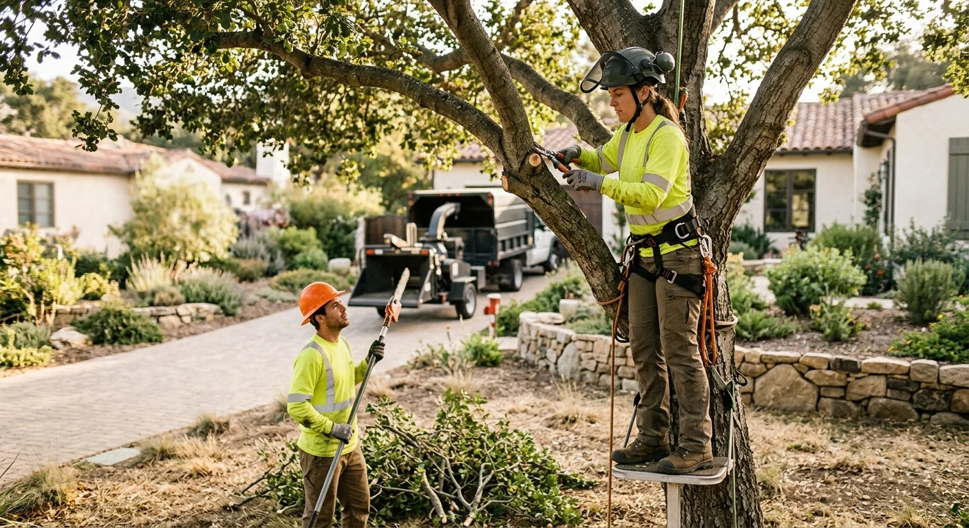 Arborist rigging a compromised tree for safe removal on a Montecito hillside lot