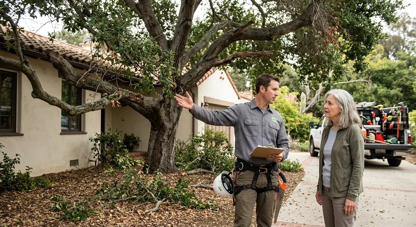 Leaning storm-damaged tree threatening a Montecito home roofline