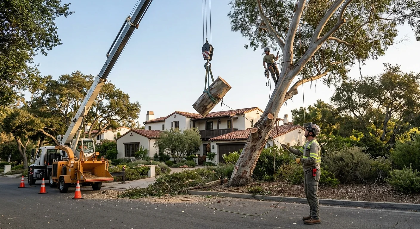 Crane lifting a large trunk section from a leaning eucalyptus near a Montecito home