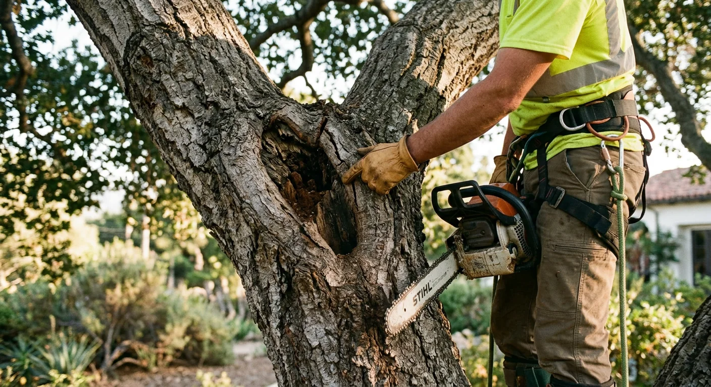 Close-up of decay pocket and cracked union on a hazardous oak before removal