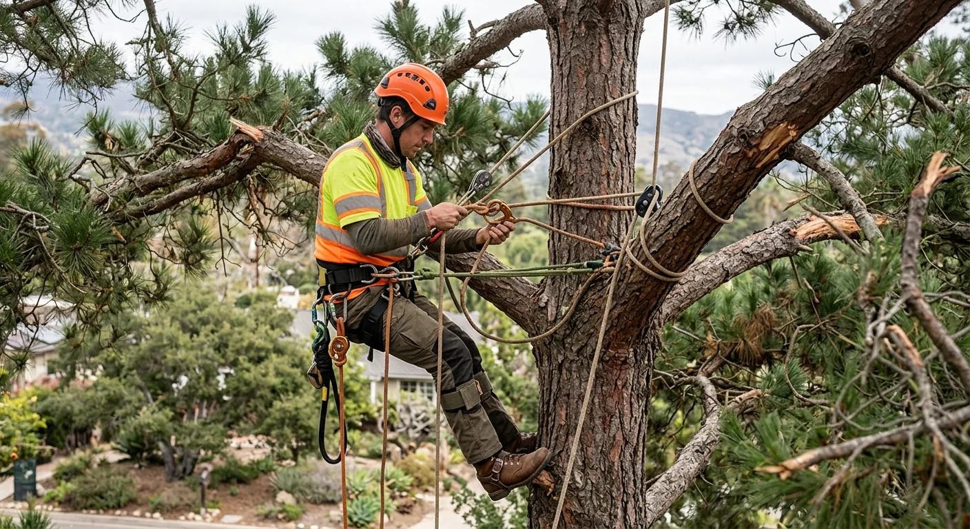 Climber rigging a lowering line high in a storm-weakened pine canopy