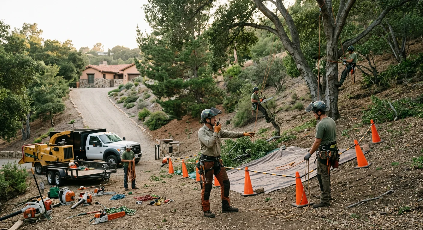 Wide shot of crew setting drop zones on a hillside Montecito property