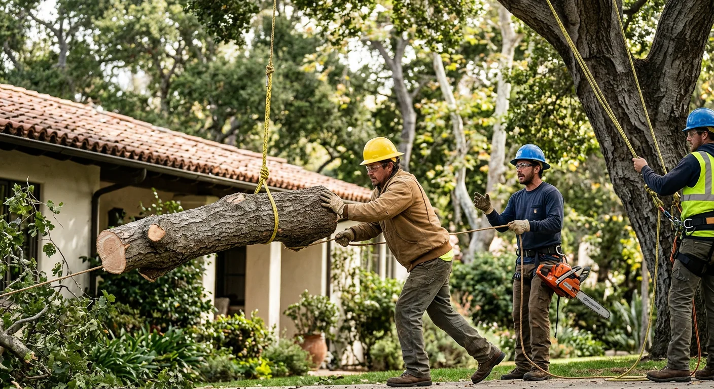 Ground crew guiding a lowered limb away from a home roofline