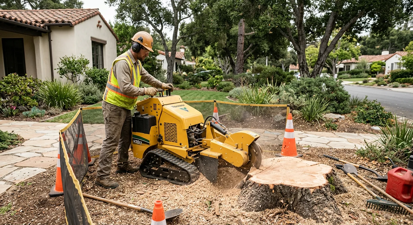 Stump grinding underway after hazardous tree removal in a residential yard