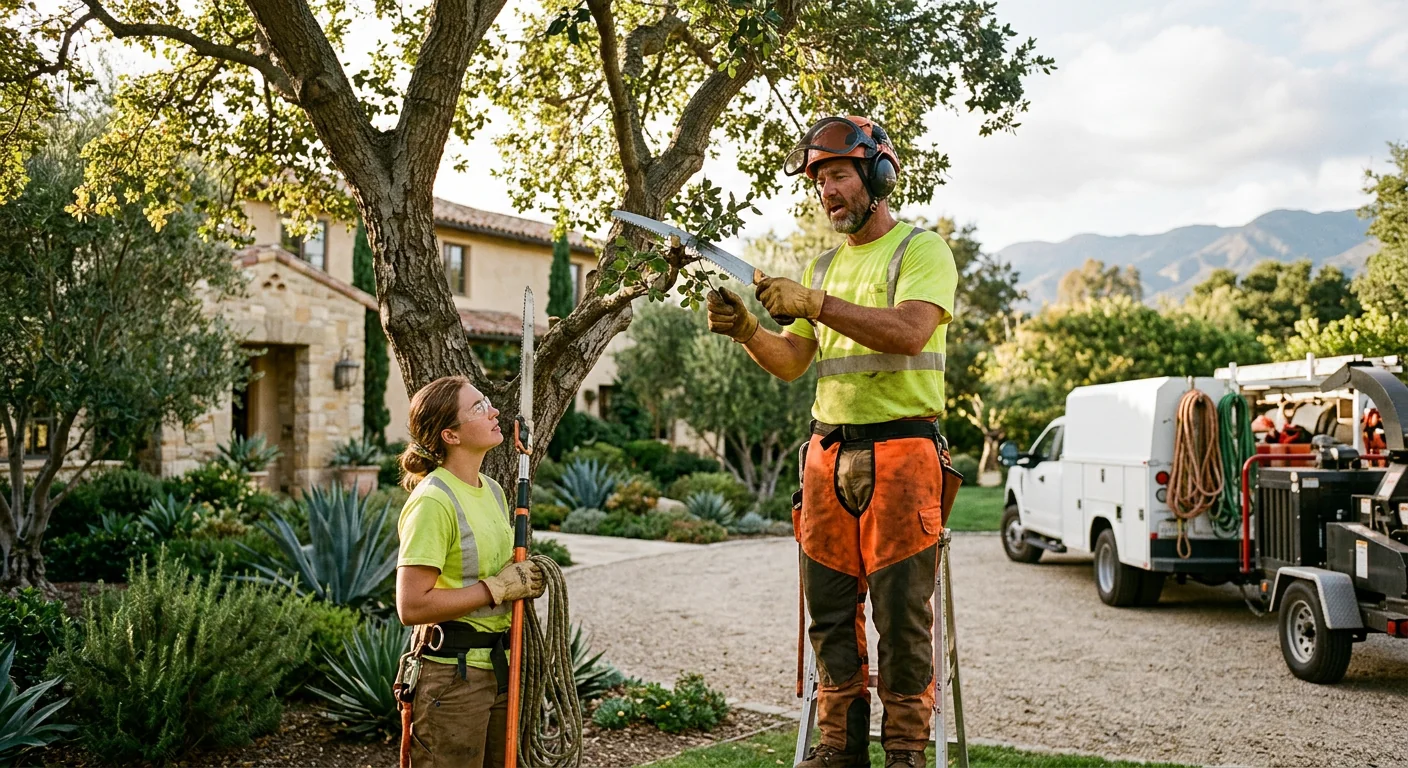 Crew clearing brush and small trees from a hillside lot in Montecito