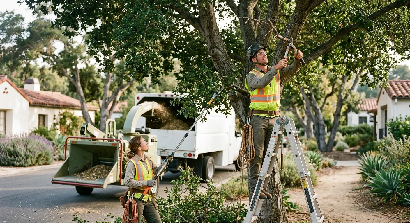 Crew clearing overgrown brush and trees on a Montecito hillside lot