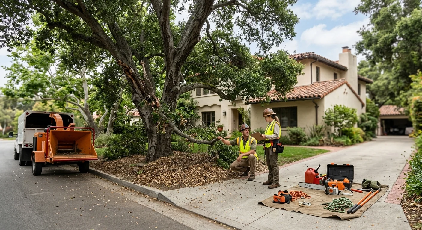 Overgrown Montecito lot with dense brush and crowded trees before clearing