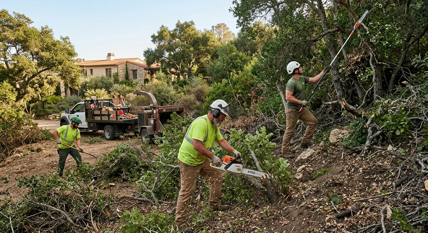 Overgrown residential lot before clearing showing dense brush and small trees in Montecito