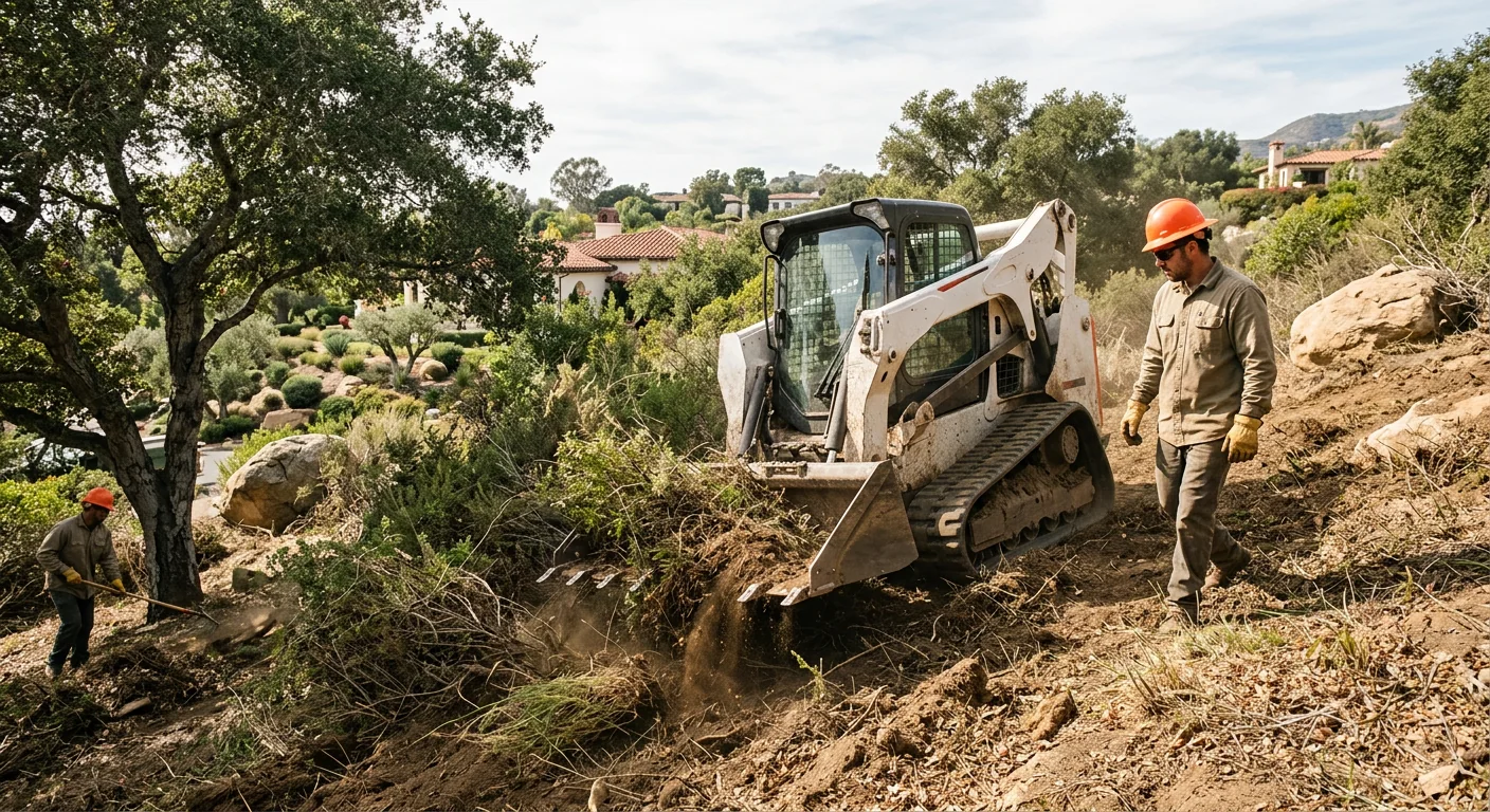 Skid steer clearing thick undergrowth from a sloped hillside property