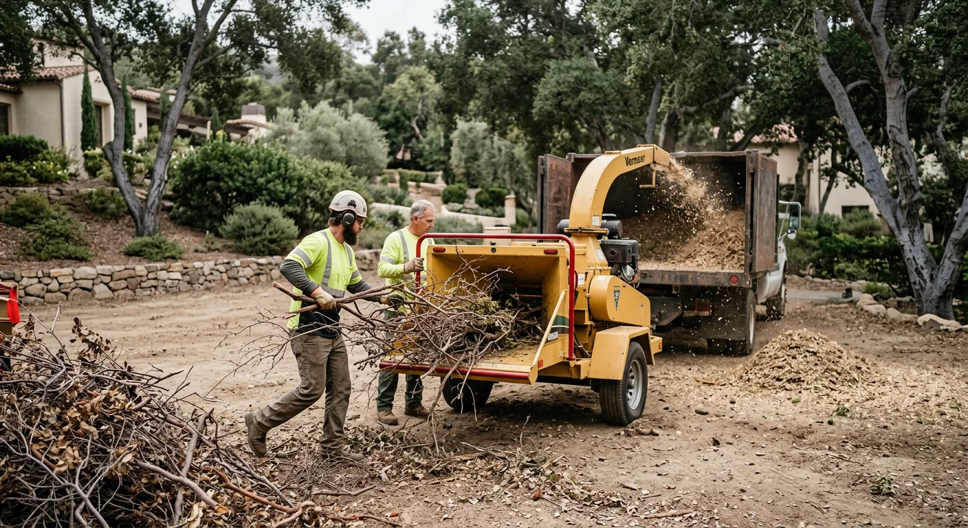 Wood chipper processing brush and branches into mulch on a cleared site