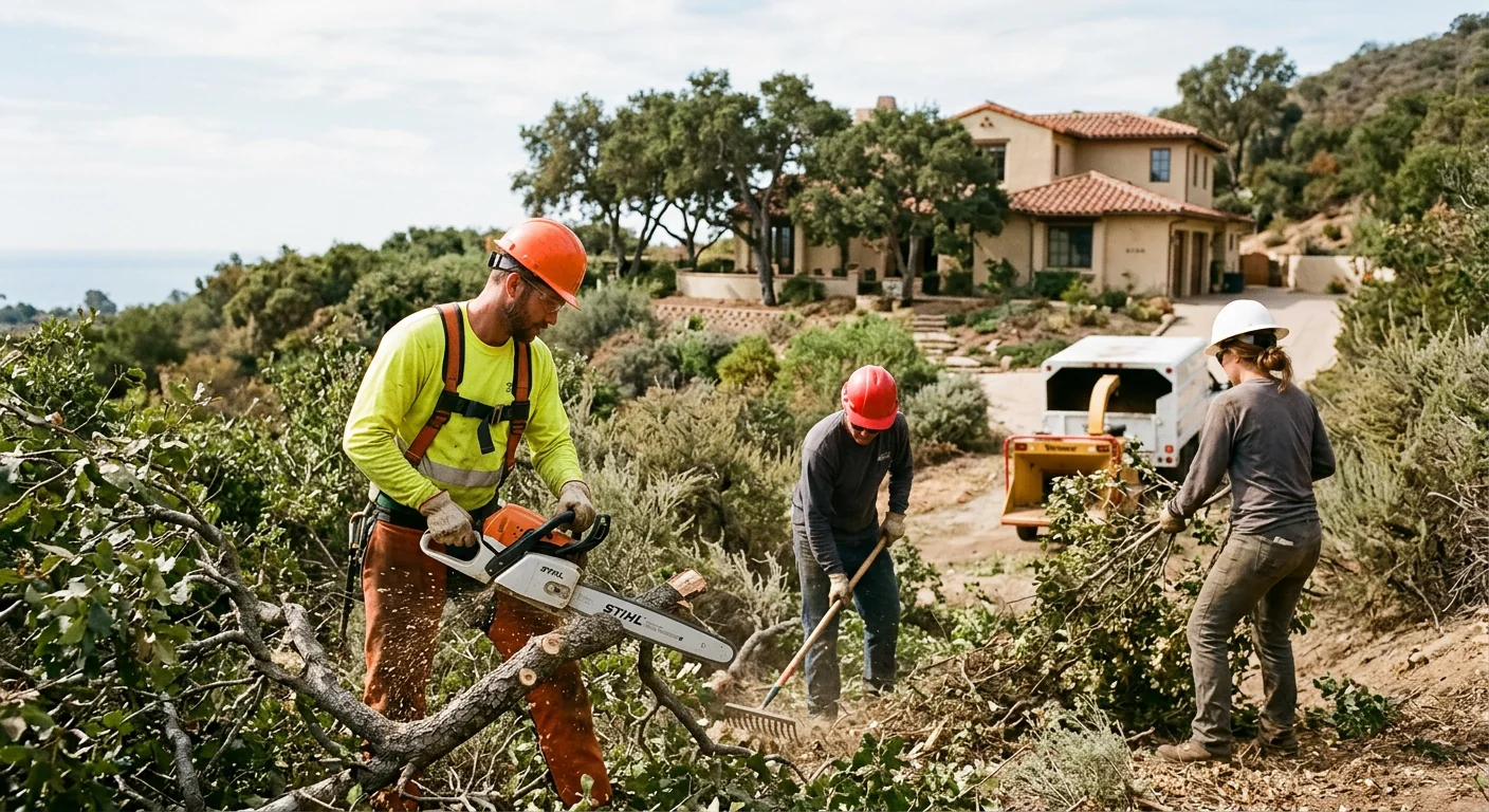 Crew thinning vegetation for defensible space around a Montecito home
