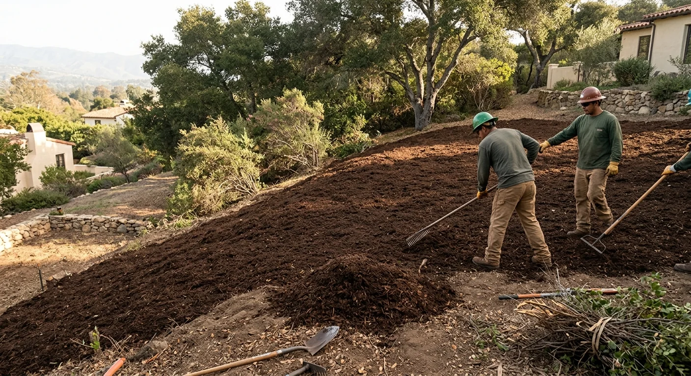 Cleared perimeter lot with mulch spread for erosion control on a slope