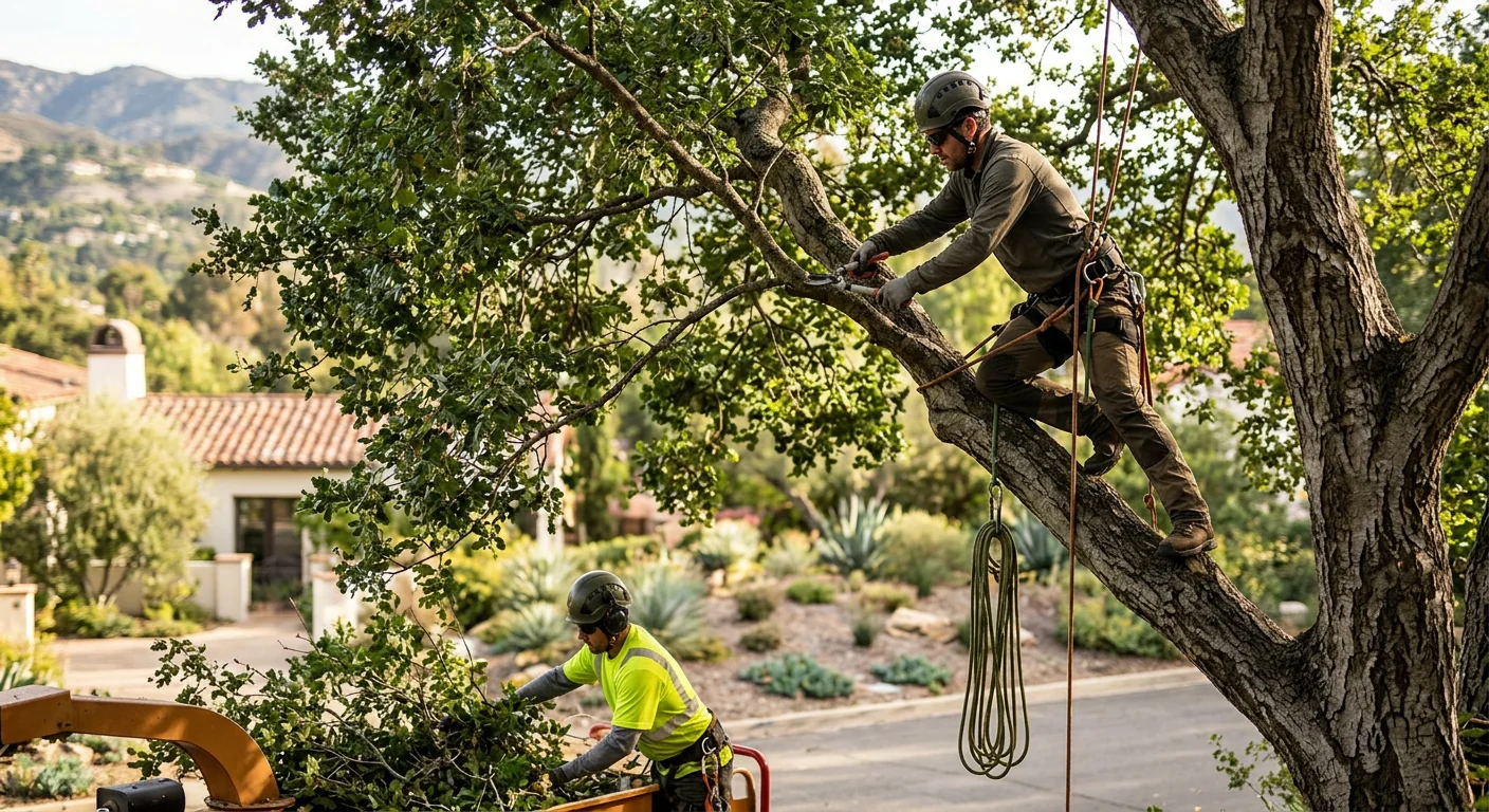 Arborist assessing storm-damaged tree limbs on a Montecito residential property after high winds