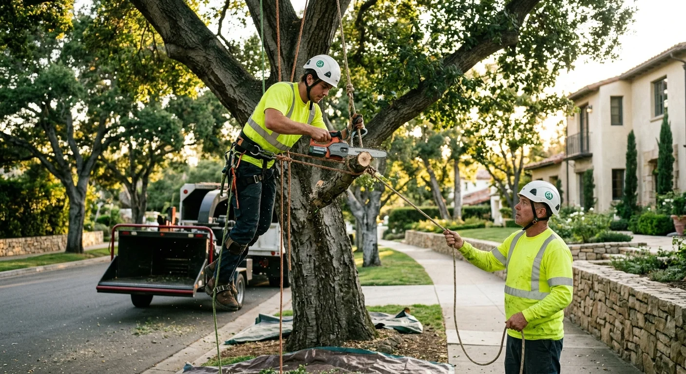 Tree crew clearing storm-damaged branches from a Montecito residential yard after a winter storm