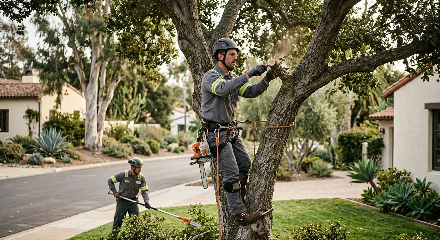Crew clearing storm-damaged oak limbs from a Montecito residential yard