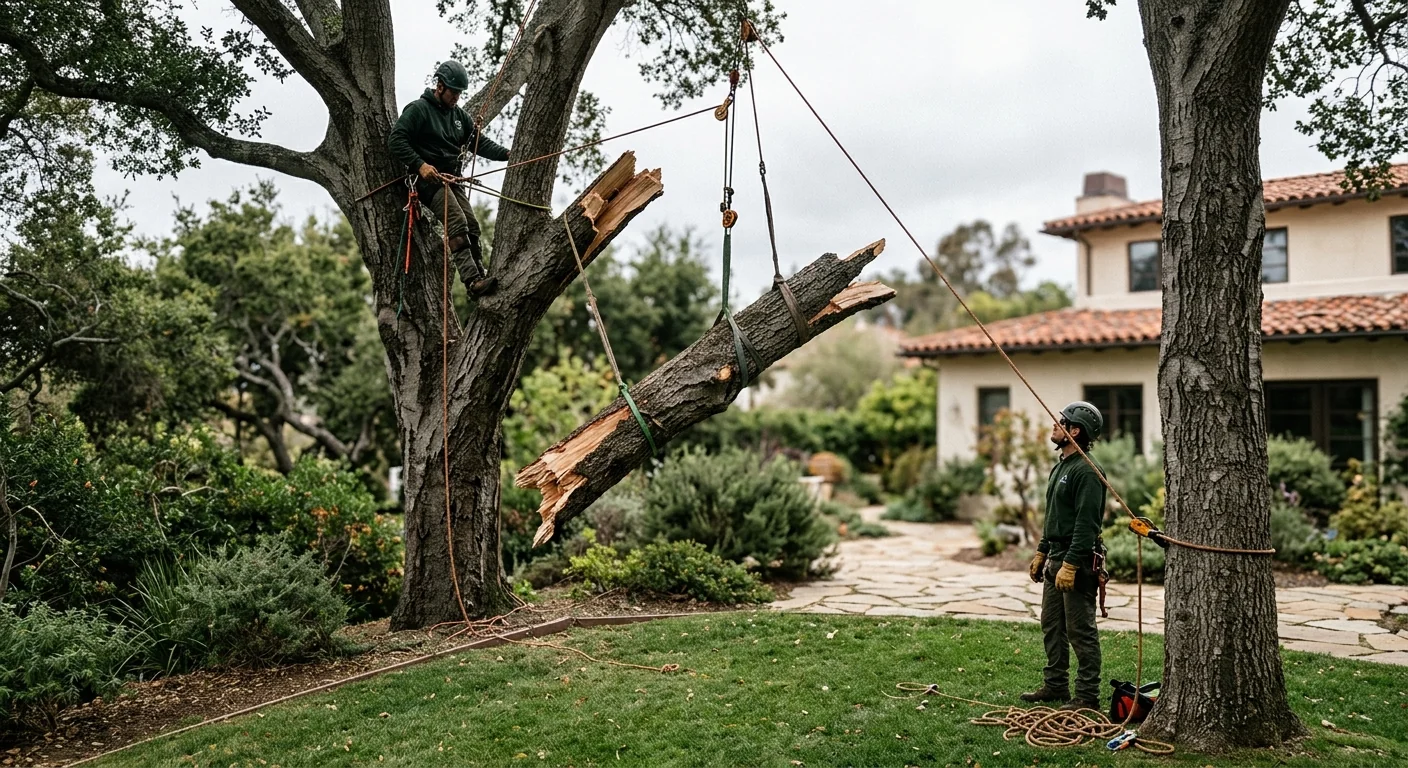Crew rigging a large split oak limb above a Montecito backyard after a winter storm