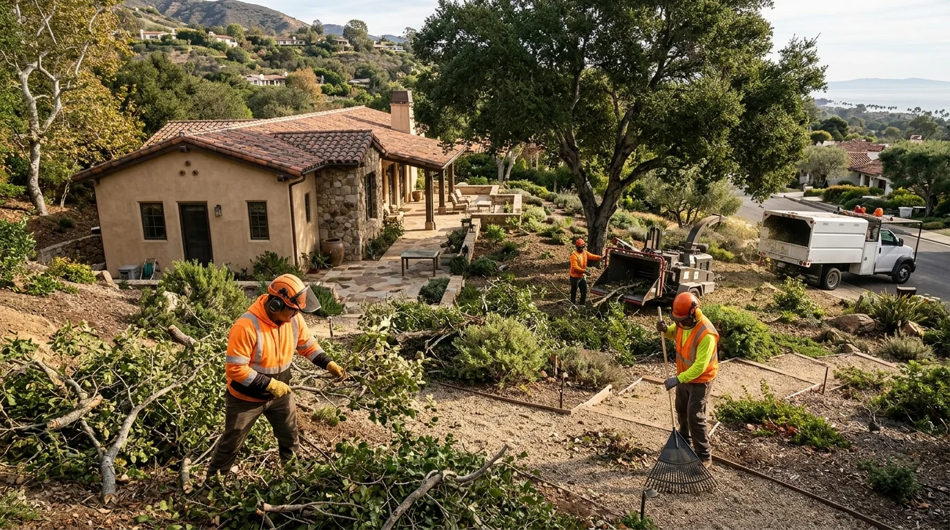 Wide shot of storm debris and broken branches cleared from a Montecito hillside property